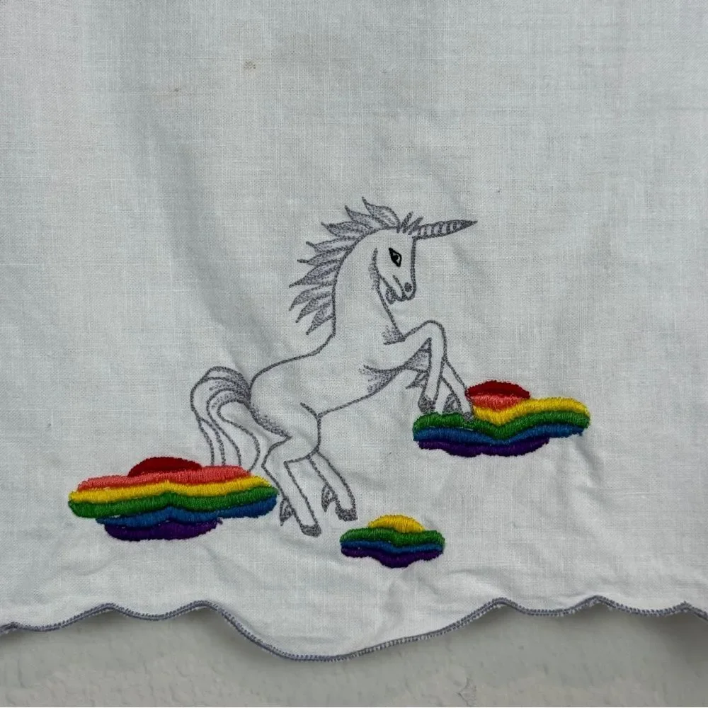 Vintage Unicorn Rainbow Clouds Embroidered White Hand Towel
